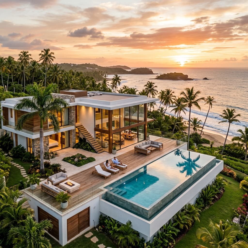 Luxury villa with infinity pool at sunset in Sosúa